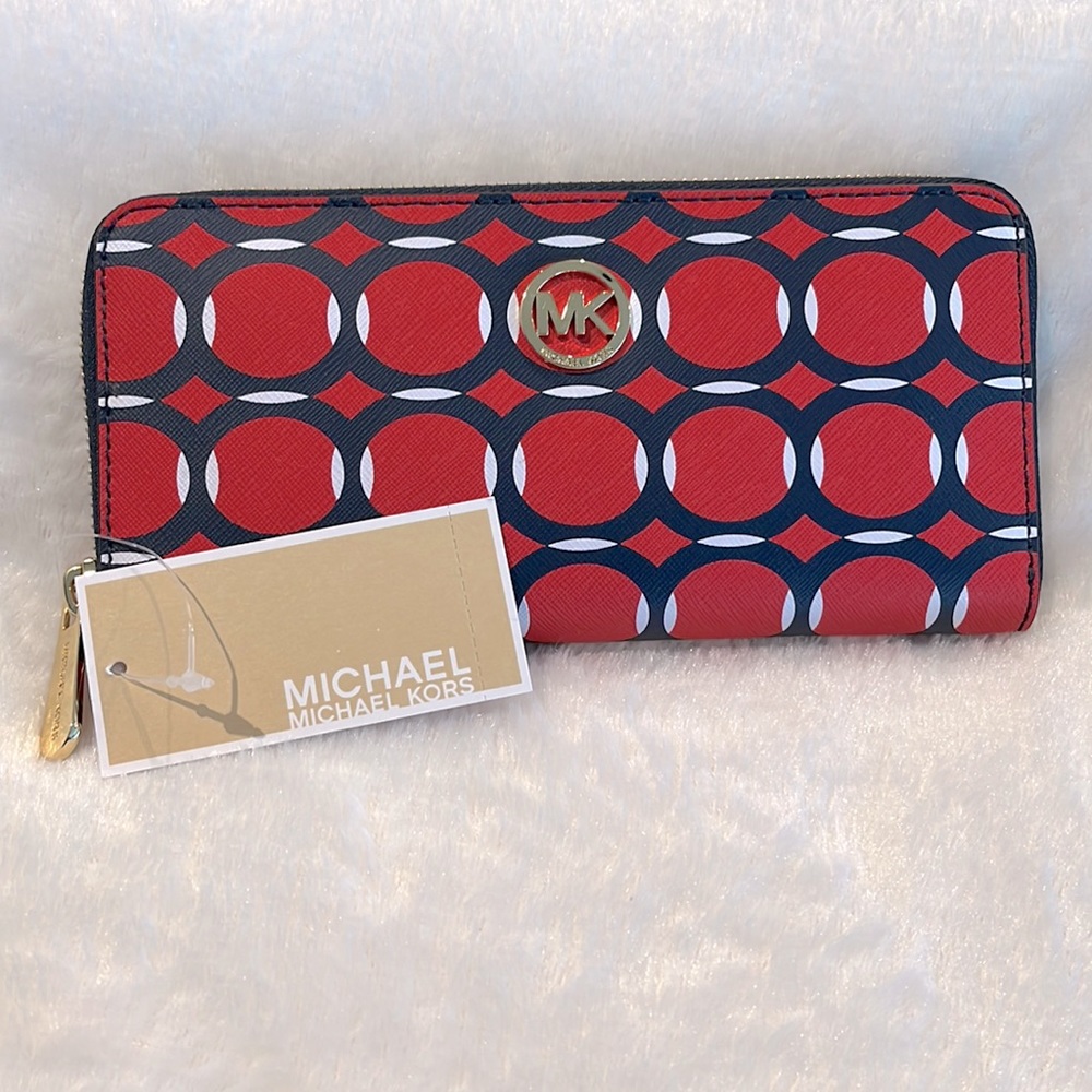 NWT Michael Kors RARE Mandarin Orange Navy Blue White Geometric Wallet